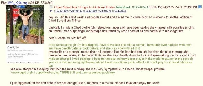 Screenshot of blog post titled Chad Says Beta Things To Girls on Tinder discussing chadfishing.
