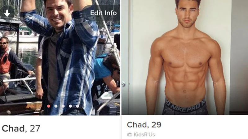 Chadfishing — Split-screen comparison of fake dating profiles labeled Chad 27 showing different attractive male variants.