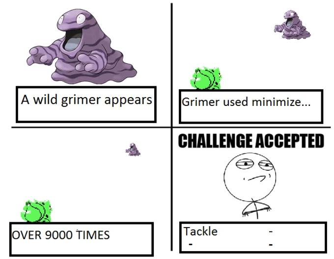 Comic depicting Pokemon scenario with grimmer evolution mechanics ending with CHALLENGE ACCEPTED text.