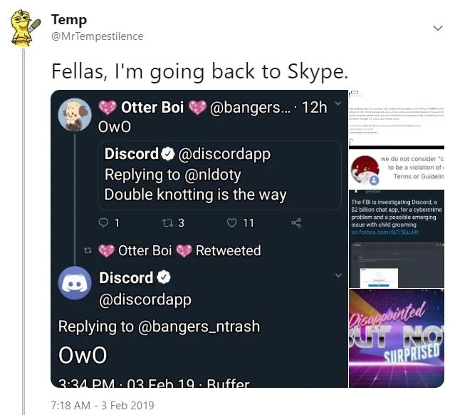 Changediscord — Tweet joking about going back to Skype over Discord's furry controversy