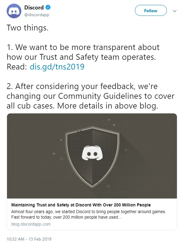 Changediscord — Official Discord tweet announcing Community Guidelines update covering cub content