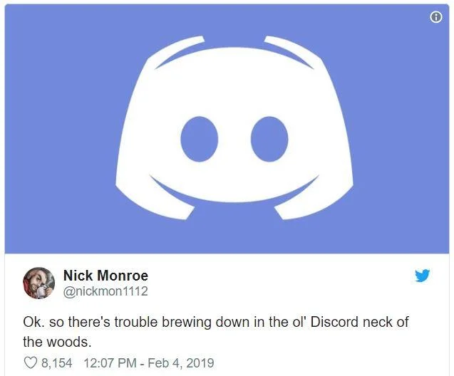 Changediscord — Nick Monroe tweet noting 'trouble brewing' at Discord above the Discord logo