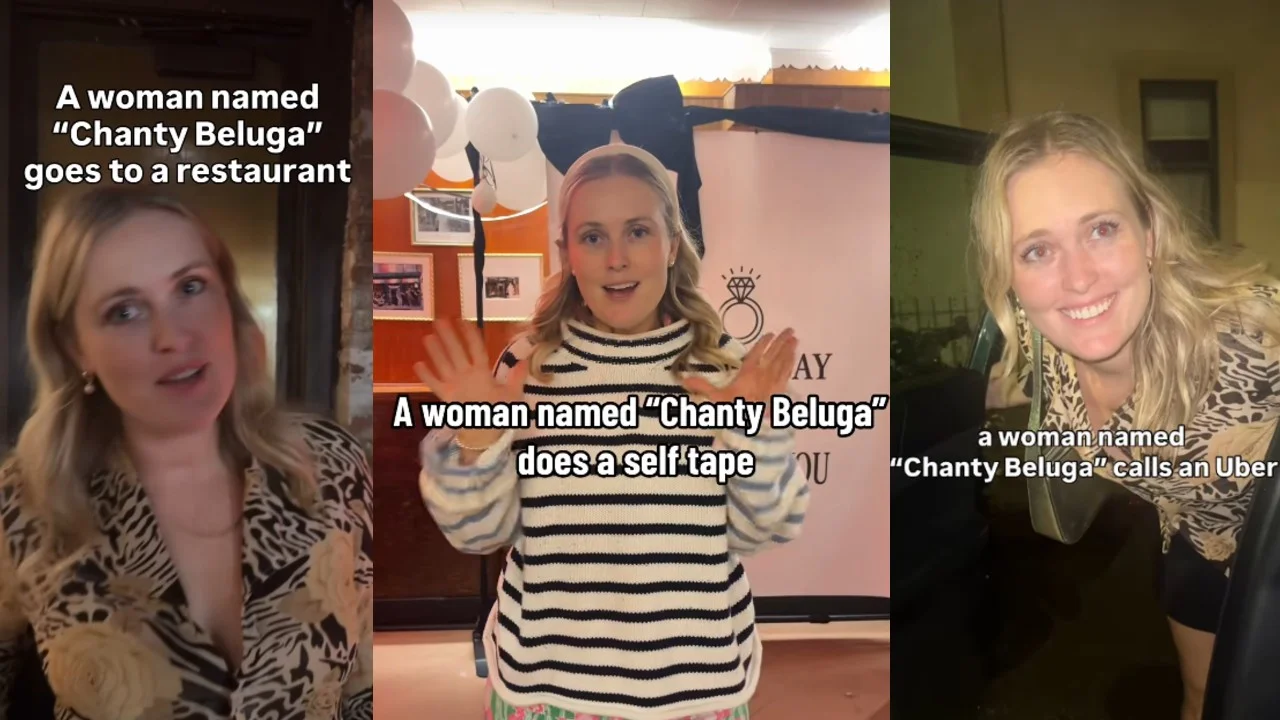Three-panel collage of TikTok stills captioned 'A woman named Chanty Beluga' doing different activities