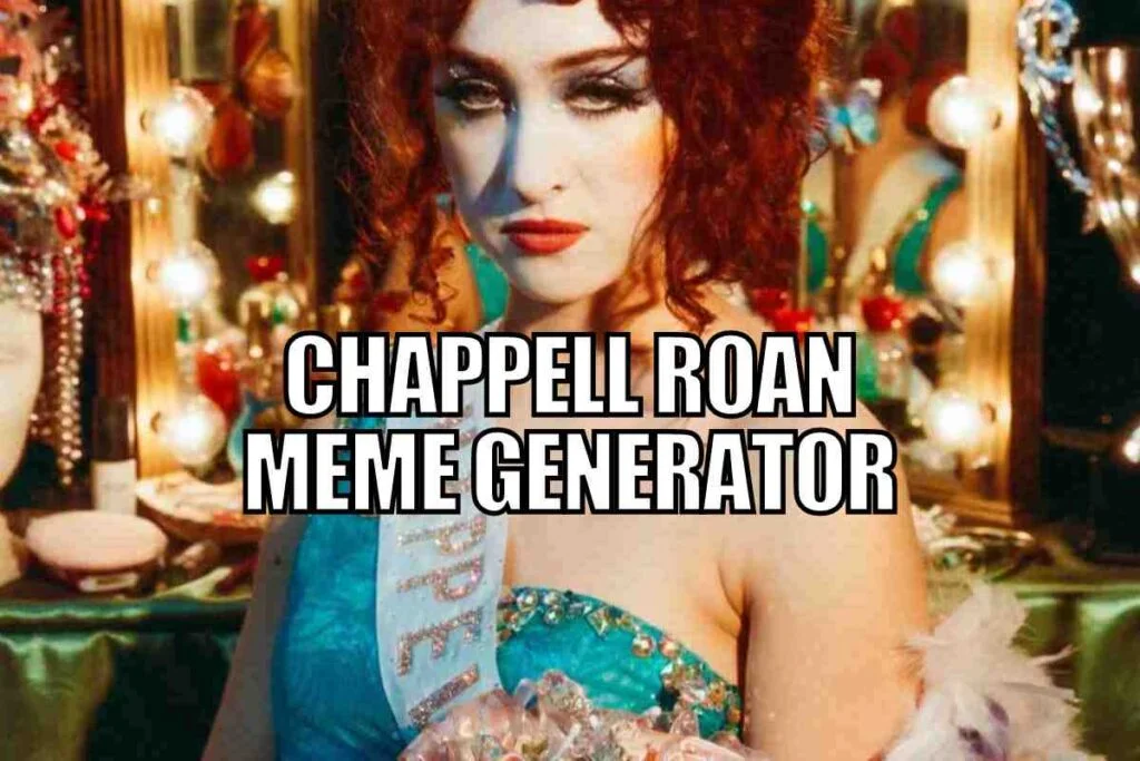 Glamorous portrait with red curly hair and 'CHAPPELL ROAN MEME GENERATOR' text overlay