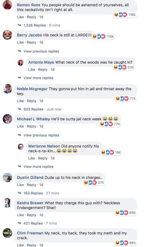 Charles Mcdowells Wide Neck Mugshot — Screenshot of Facebook comments making neck puns about Charles McDowell's mugshot