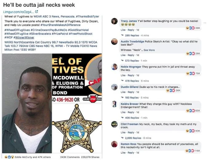 Charles Mcdowells Wide Neck Mugshot — Facebook screenshot combining the sheriff's post and top neck-pun comments under a 'He'll be outta jail necks week'