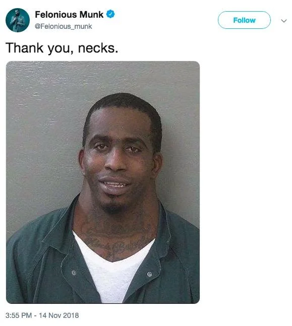 Charles Mcdowells Wide Neck Mugshot — Tweet from Felonious Munk captioned 'Thank you, necks.' next to McDowell's wide-neck mugshot