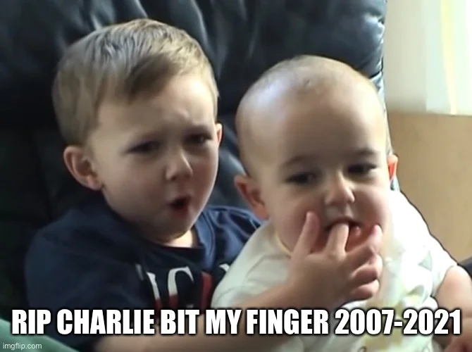 Original video footage with text reading RIP CHARLIE BIT MY FINGER 2007-2021.