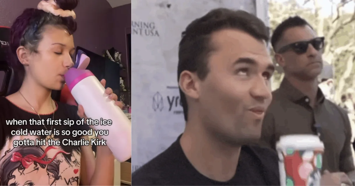 Split image of TikTok user drinking water beside Charlie Kirk sipping a red and green coffee cup