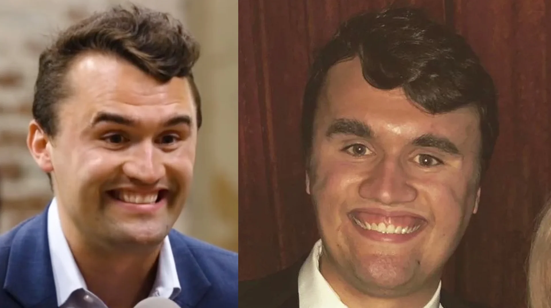 Charlie Kirk Smile — Side-by-side of Charlie Kirk smiling in an interview and in an unflattering selfie