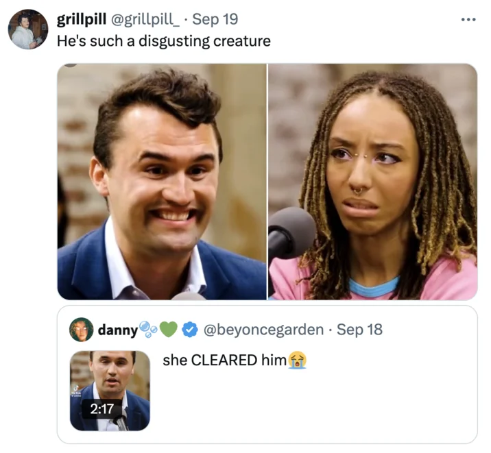 Tweet pairing a Charlie Kirk smile shot with a woman's disgusted reaction face