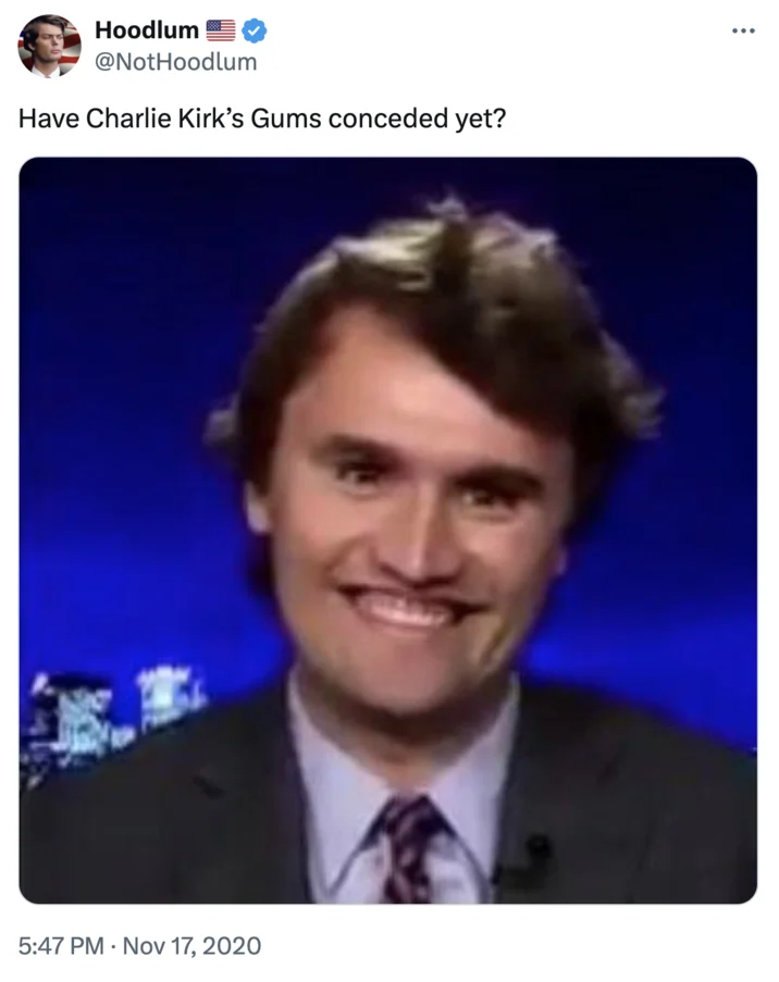 Charlie Kirk Smile — Tweet screenshot joking about Charlie Kirk's gums with a wide-grin TV still