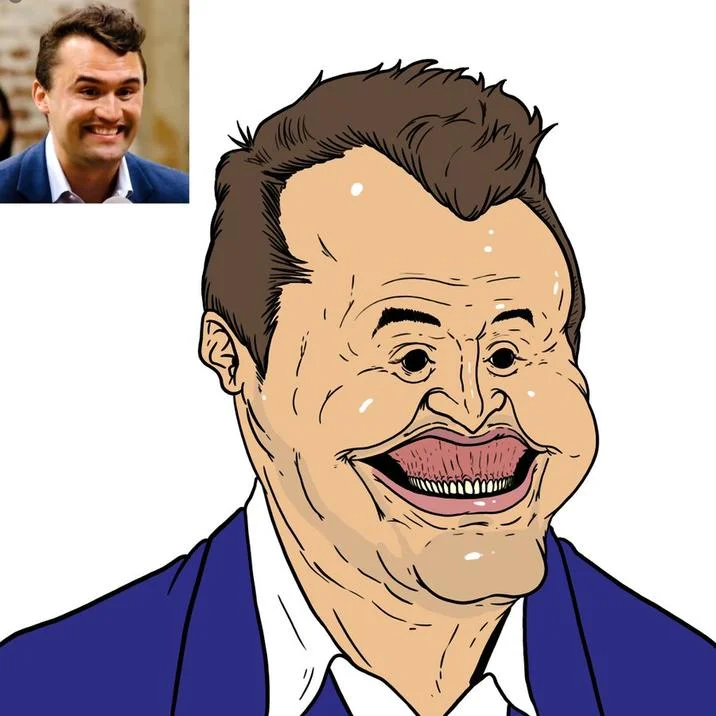Charlie Kirk Smile — Exaggerated cartoon caricature of Charlie Kirk's wide grin with reference photo inset