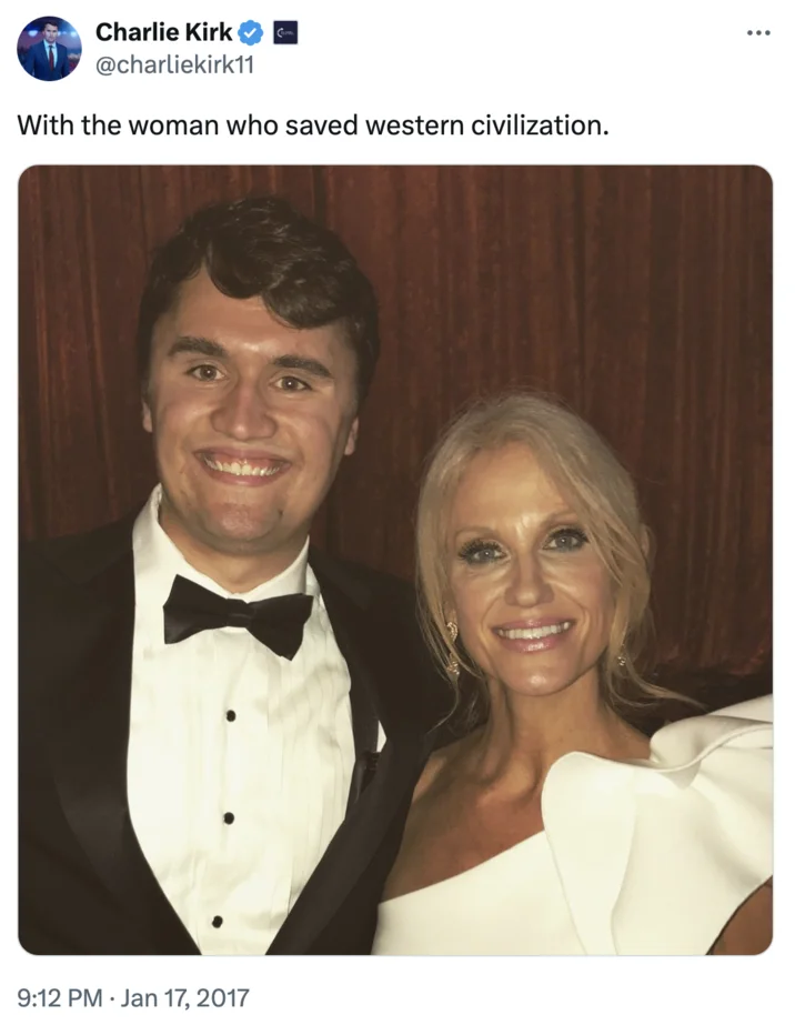 Charlie Kirk Smile — Tweet screenshot of Charlie Kirk in a tuxedo smiling beside Kellyanne Conway