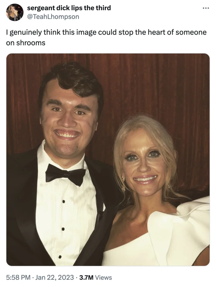 Charlie Kirk Smile — Tweet screenshot joking that the Charlie Kirk photo could stop a heart on shrooms