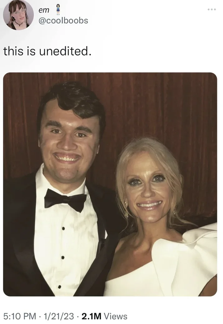 Charlie Kirk Smile — Tweet screenshot captioned 'this is unedited' showing Charlie Kirk with Kellyanne Conway