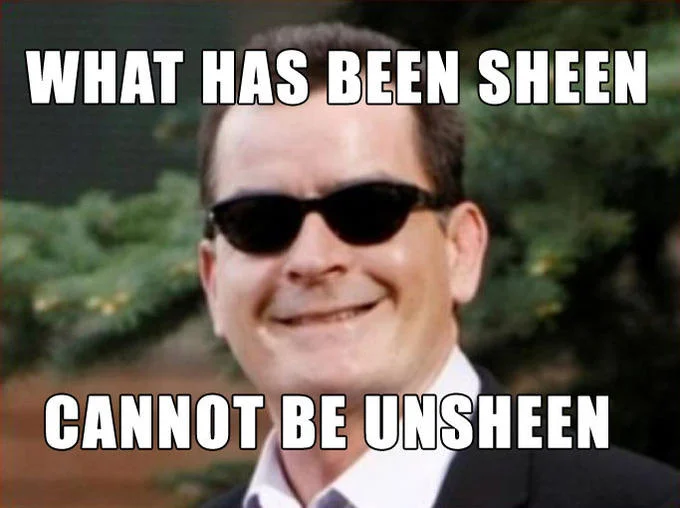 Charlie Sheen in sunglasses image macro with text 'What has been sheen cannot be unsheen'