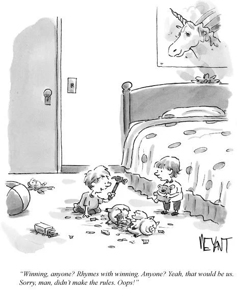 New Yorker-style cartoon of children with a smashed piggy bank captioned with Charlie Sheen's Winning quote
