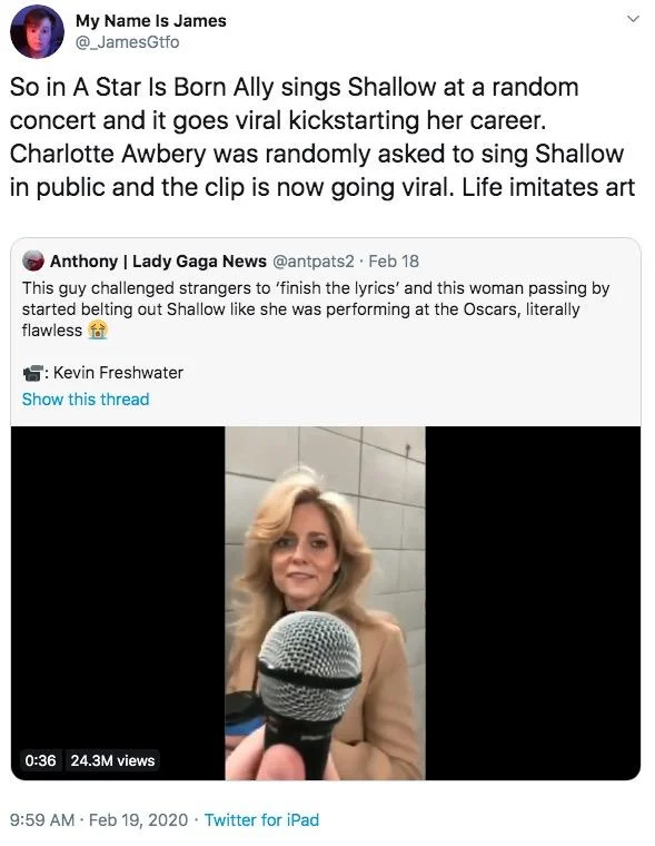 Charlotte Awberys Subway Shallow Performance — Twitter screenshot comparing Charlotte's performance to A Star Is Born narrative with video clip.