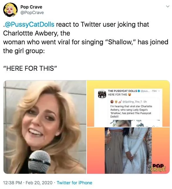 Charlotte Awberys Subway Shallow Performance — Twitter screenshot from Pop Crave about Charlotte Awbery joining group with Shallow performance discussion.
