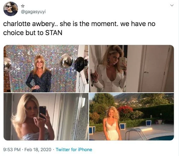 Charlotte Awberys Subway Shallow Performance — Twitter screenshot with four-image grid of Charlotte in different outfits and settings.