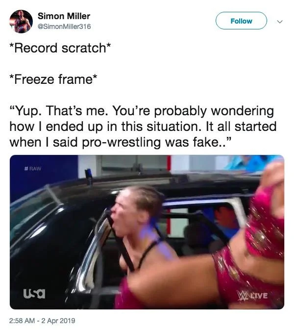 Charlotte Flair Kneeing Ronda Rousey — Twitter screenshot using record scratch meme format captioning Charlotte's knee strike on Rousey.