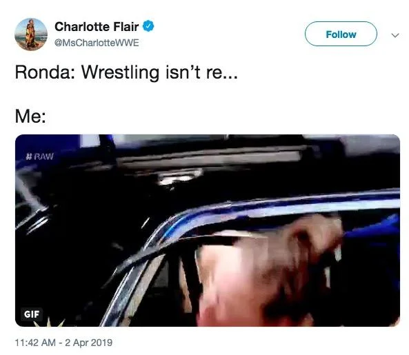 Charlotte Flair Kneeing Ronda Rousey — Twitter screenshot from Charlotte's account with blurry GIF of knee moment captioned about wrestling.