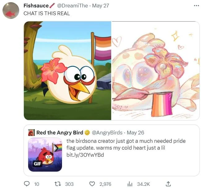 Twitter post asking CHAT IS THIS REAL about Angry Birds with rainbow pride flags.