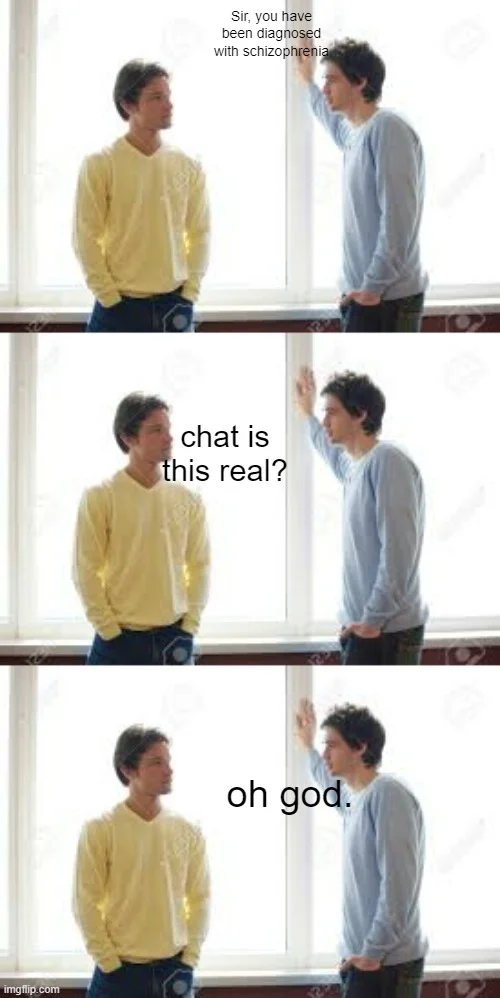 Three-panel meme about schizophrenia diagnosis with chat is this real response.