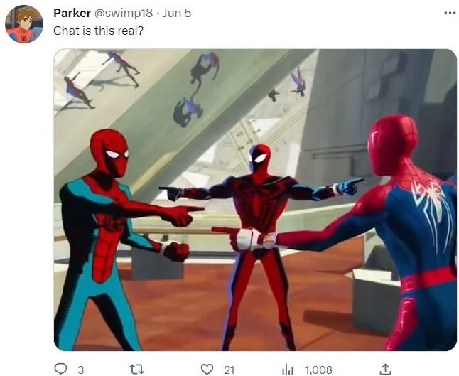 Chat Is This Real — Twitter post using phrase with three Spider-Men pointing at each other meme.