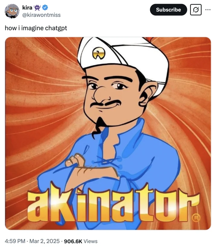ChatGPT Memes — Tweet by @kirawontmiss 'how i imagine chatgpt' featuring Akinator cartoon genie mascot with crossed arms.