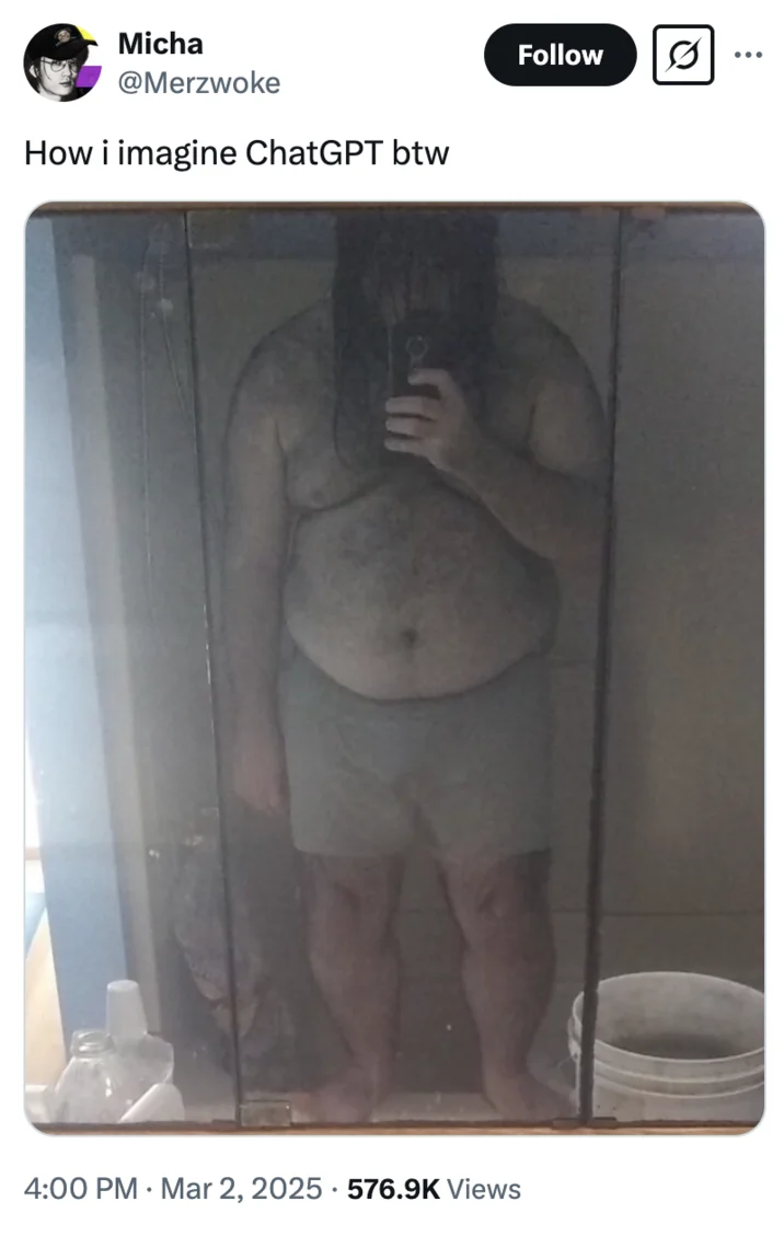 ChatGPT Memes — Tweet by @Merzwoke 'How i imagine ChatGPT btw' with dimly lit bathroom mirror selfie of heavyset man.