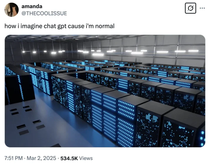 ChatGPT Memes — Tweet by @THECOOLISSUE 'how i imagine chat gpt cause i'm normal' with photo of glowing blue server racks.