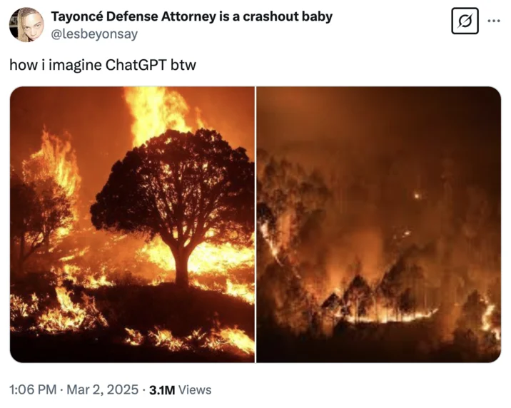 ChatGPT Memes — Tweet by @lesbeyonsay 'how i imagine ChatGPT btw' featuring intense photographs of raging forest wildfires.