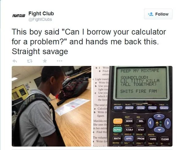 Check Out My Mixtape — Tweet showing a graphing calculator screen displaying a promotional mixtape message from a classmate.