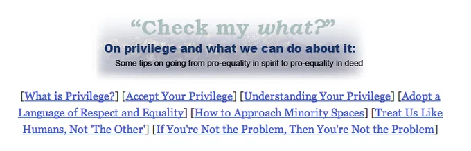 Check Your Privilege — Website screenshot of blog post titled Check my what with articles about privilege awareness.