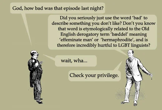 Check Your Privilege — Vintage etching showing two gentlemen with one launching into pedantic privilege lecture about Old English.