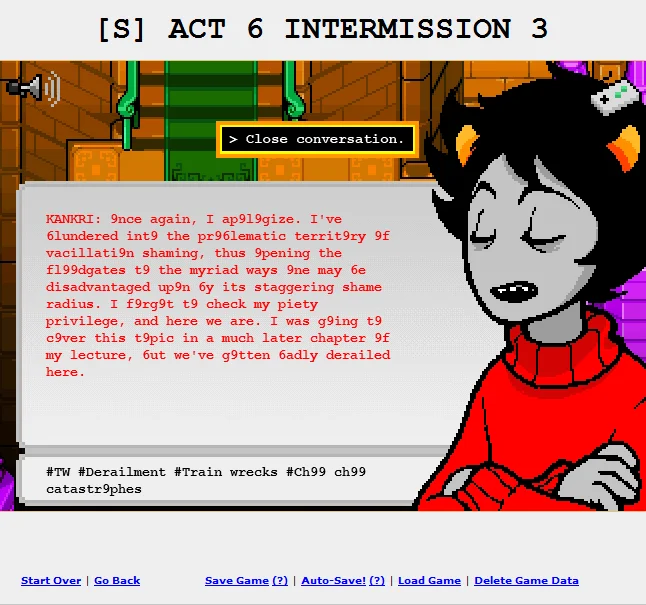 Check Your Privilege — Homestuck webcomic screenshot of Kankri delivering monologue about piety privilege.