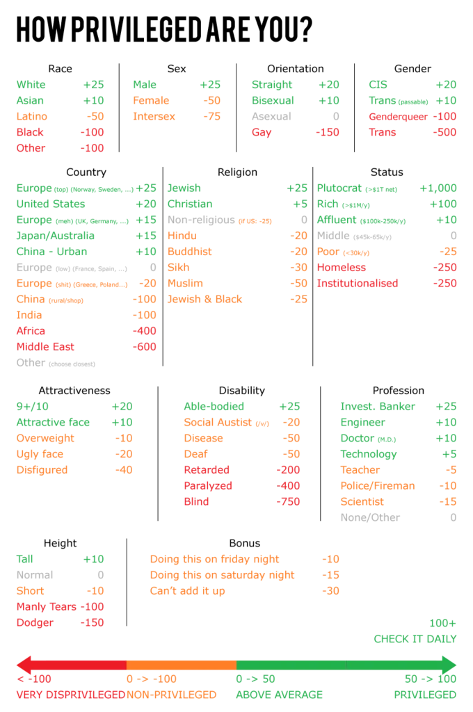 Check Your Privilege — Privilege scorecard listing identity markers with point values and daily check reminder.