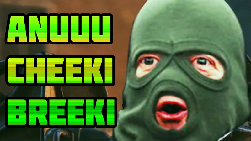 S.T.A.L.K.E.R. bandit in green balaclava shouting with 'Anuuu Cheeki Breeki' text overlay