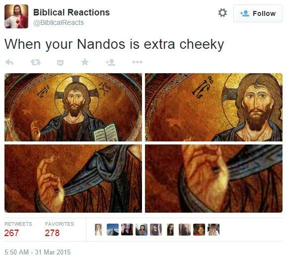 Cheeky Nandos — Tweet zooming into a Christ mosaic captioned 'When your Nandos is extra cheeky'