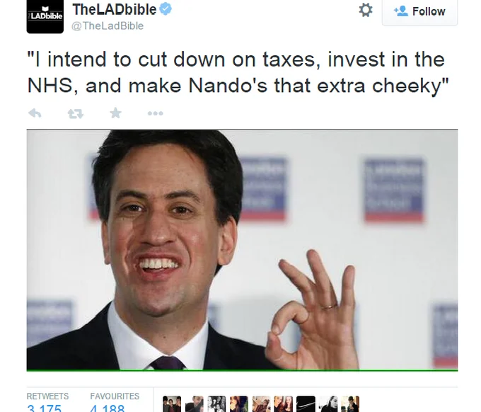 Cheeky Nandos — LADbible tweet joking about Ed Miliband promising to make Nando's extra cheeky