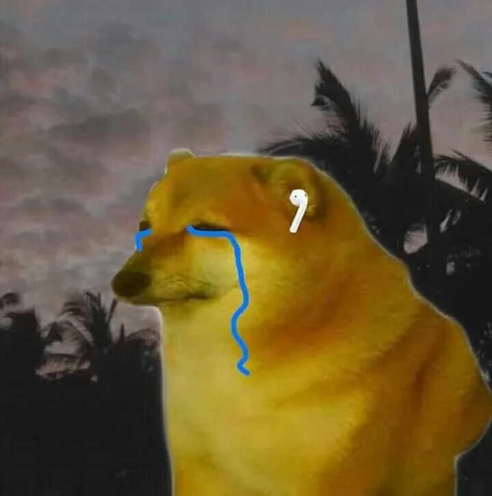 Stylized Cheems head with blue teardrops and question mark expressing vulnerability.