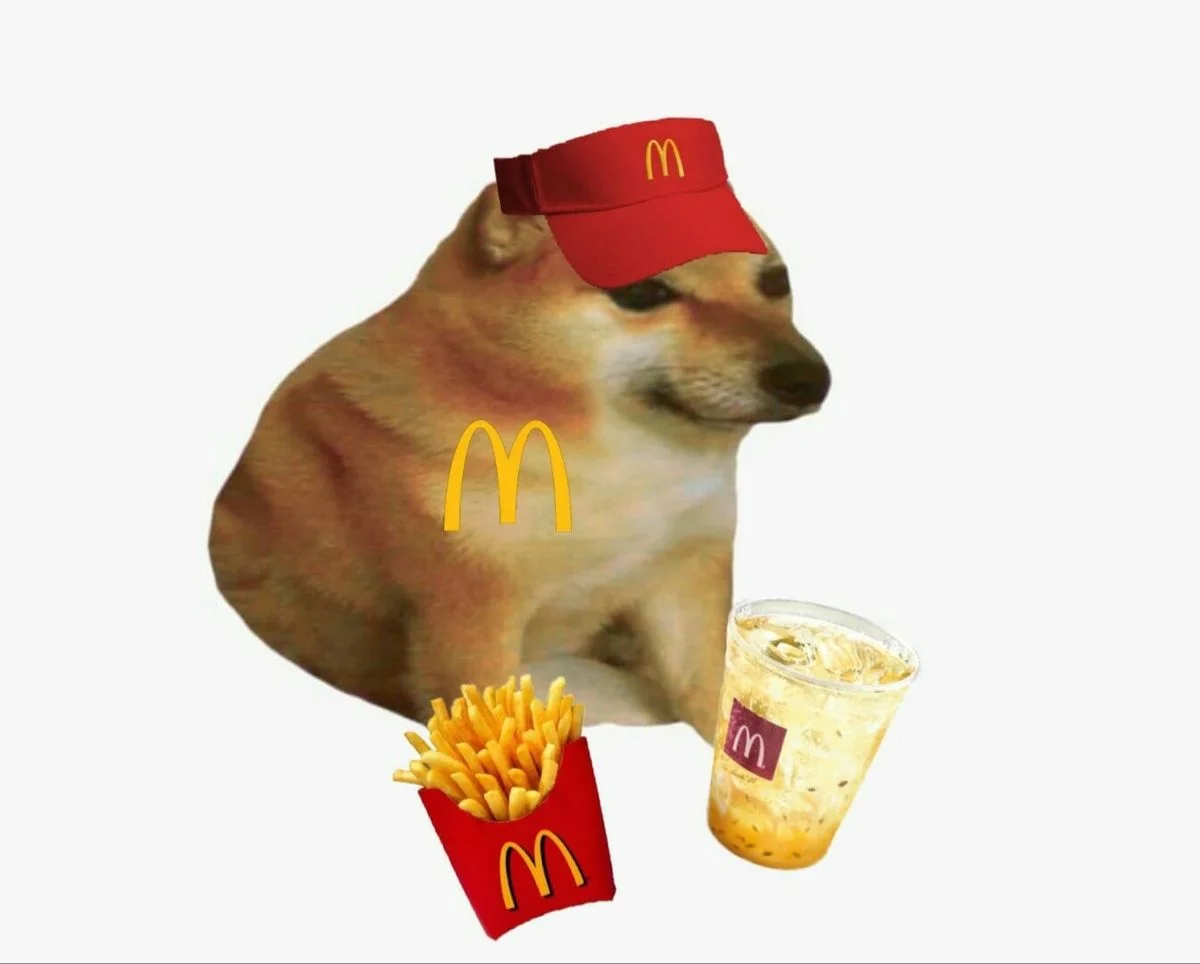 Cheems dog wearing McDonald's red cap positioned with fries and drink.