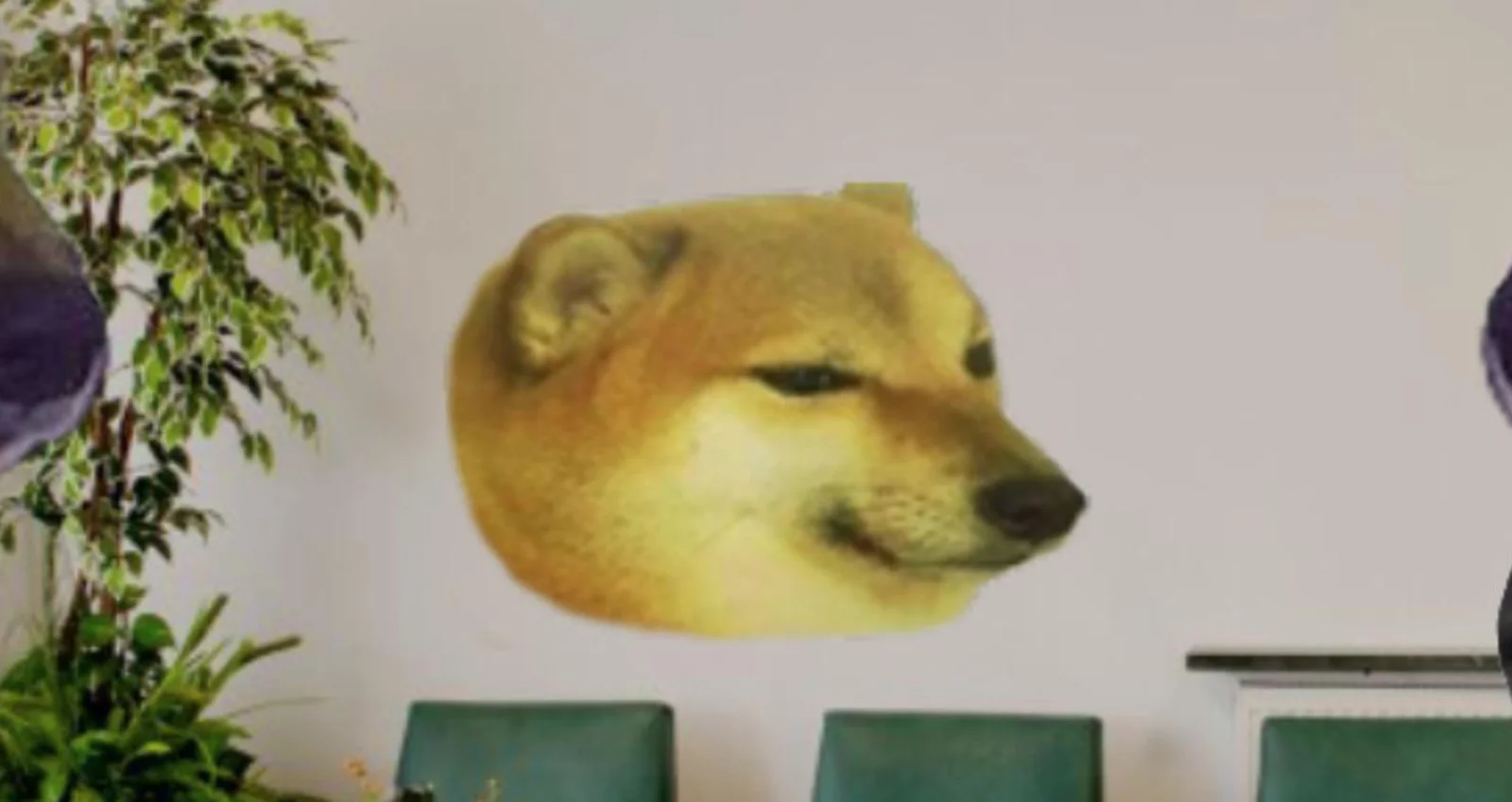 Photograph of wall art depicting large yellow Shiba Inu Cheems head on mural.