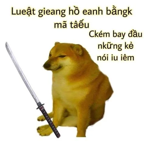 Yellow Shiba Inu Cheems holding sword with Vietnamese text expressing uncertainty.