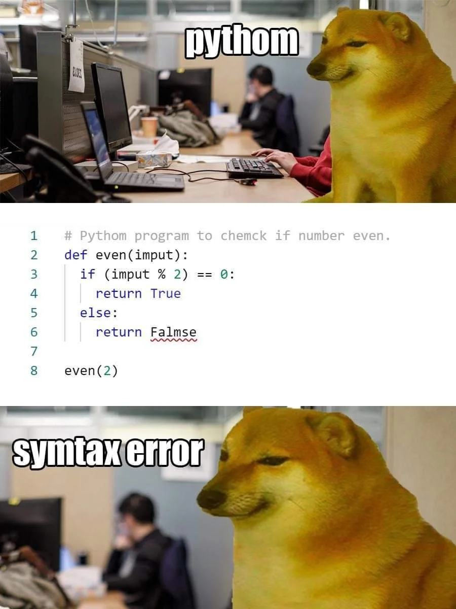 Cheems — Yellow Shiba Inu with programming code and syntax error text overlay.