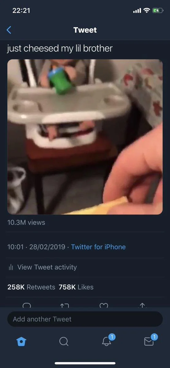 Cheese Slap — Screenshot of viral 'just cheesed my lil brother' tweet from February 2019