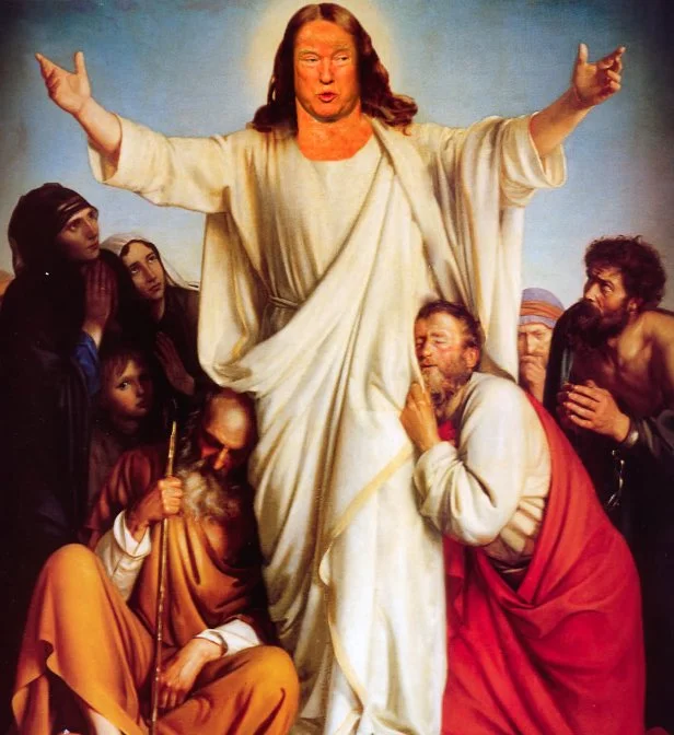 Cheeto Jesus — Classical Jesus painting with Donald Trump's orange face photoshopped over Jesus, arms outstretched, disciples kneeling around him