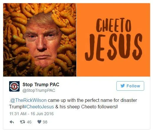 Stop Trump PAC tweet showing Donald Trump's face amid Cheetos next to bold Cheeto Jesus text graphic